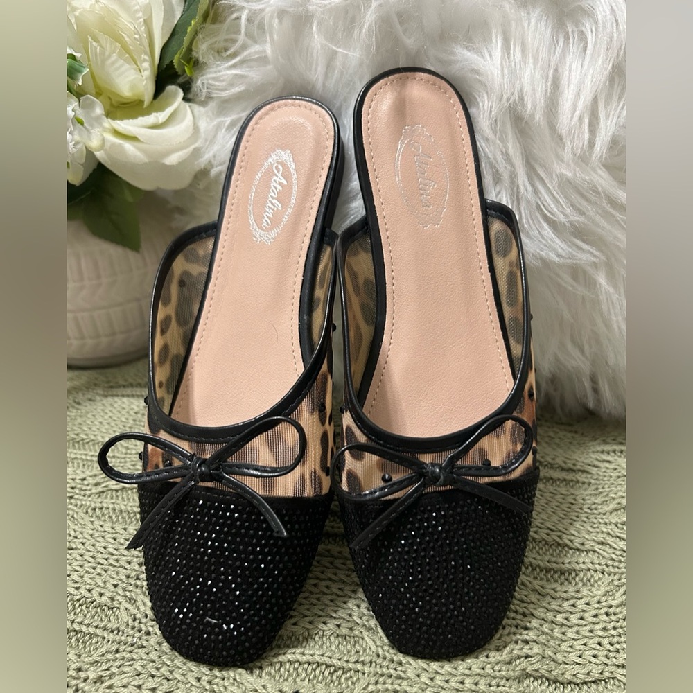 NEW Atalina Women's Leopard Mesh Slip-On Mules - Brown and Black,  Size 7